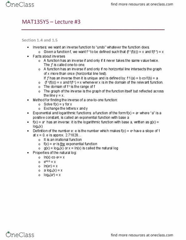 MAT135Y5 Lecture Notes - Lecture 3: Rational Function, Logarithm, Inverse Function cover image