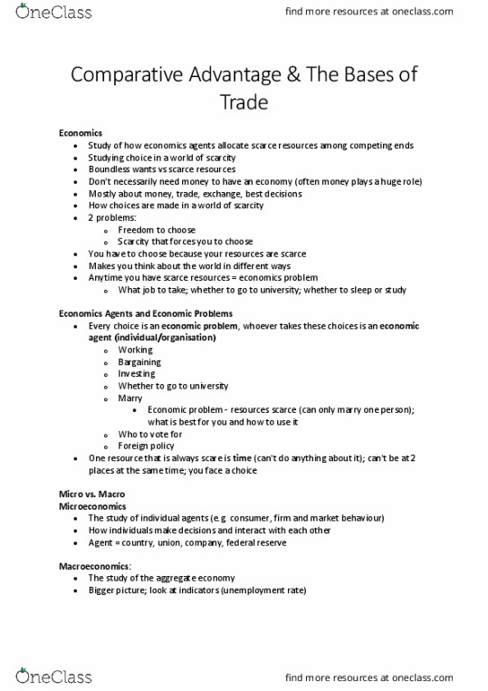 ECON1010 Chapter 1: Comparative Advantage & The Bases of Trade thumbnail