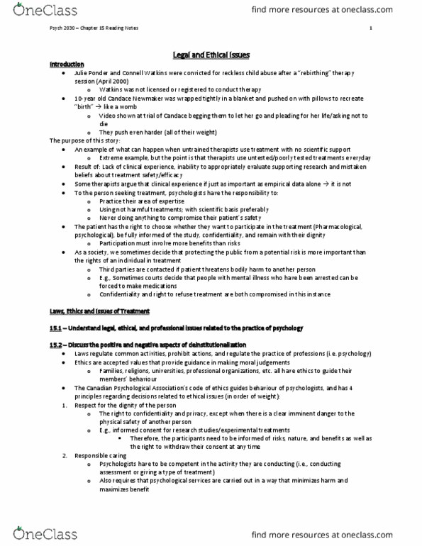 Psychology 2030A/B Chapter Notes - Chapter 15: Candace Newmaker, Canadian Psychological Association, Attachment Therapy thumbnail