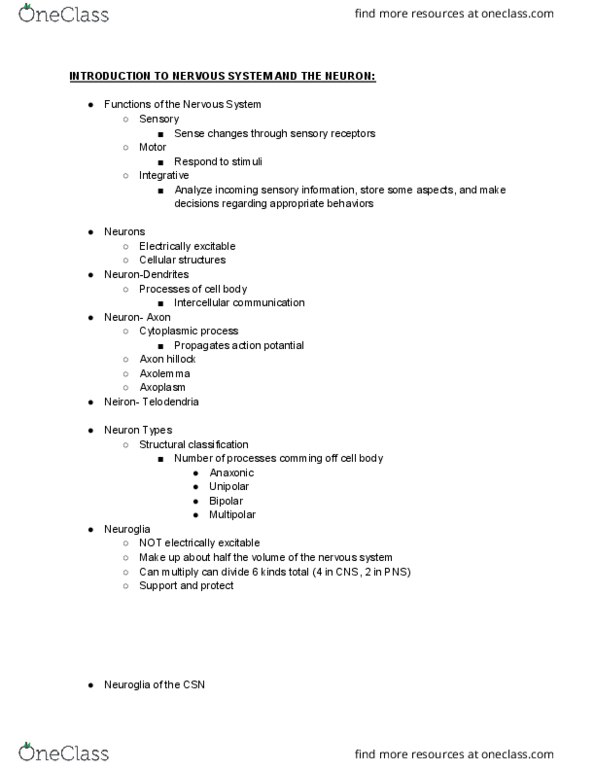 ANAT 101 Lecture Notes - Lecture 14: Axon Hillock, Neuroglia, Cell Signaling thumbnail