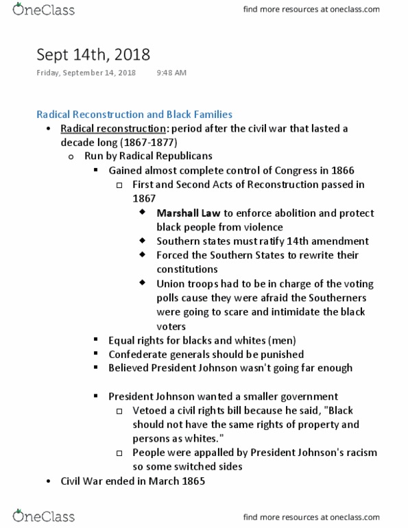 SOC 120 Lecture Notes - Lecture 1: Fourteenth Amendment To The United States Constitution, Reconstruction Era, Reconstruction Acts thumbnail
