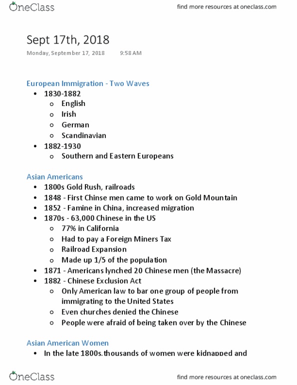 SOC 120 Lecture Notes - Lecture 1: Asian Americans, Page Act Of 1875 thumbnail