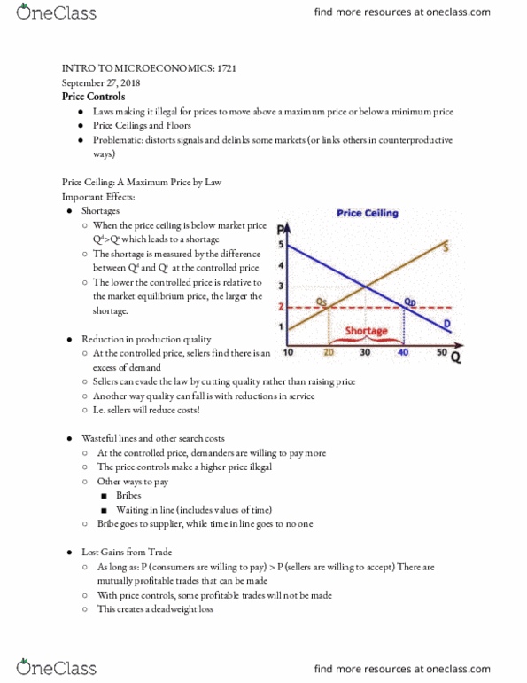 ECON-E 201 Lecture Notes - Lecture 12: Economic Equilibrium, Price Ceiling, Key Money cover image
