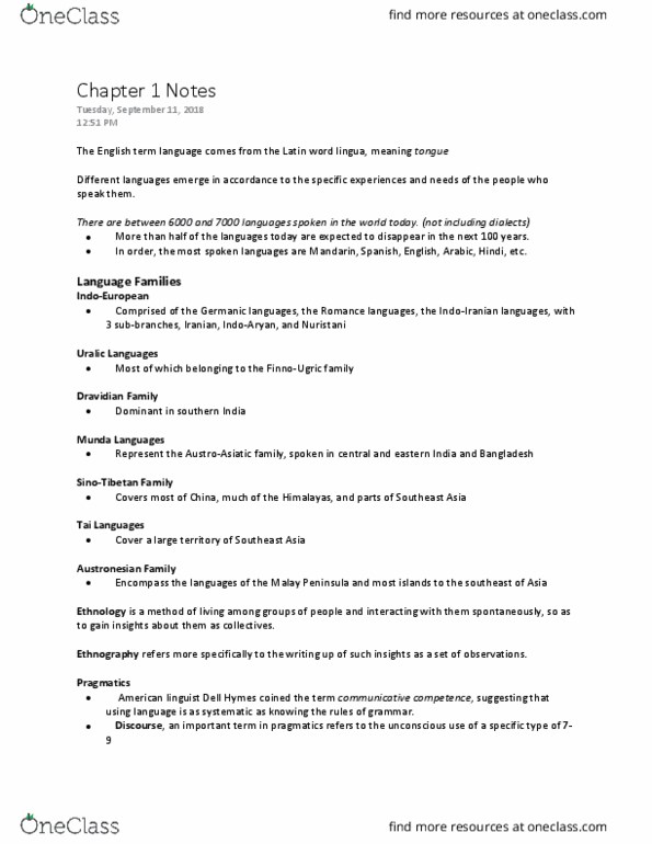 ANT253H1 Chapter Notes - Chapter 1: Austroasiatic Languages, Munda Languages, Uralic Languages thumbnail