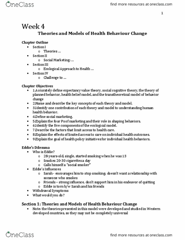 Psychology 2036A/B Lecture Notes - Lecture 4: Health Belief Model, Social Cognitive Theory, Transtheoretical Model thumbnail