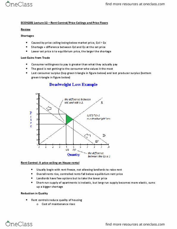 ECON-E 201 Lecture Notes - Lecture 12: Price Ceiling, Economic Surplus, Economic Equilibrium thumbnail