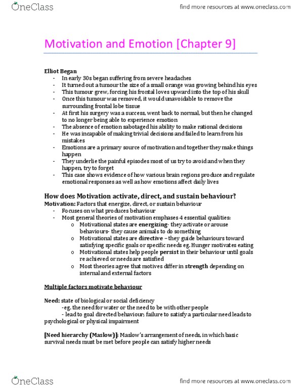 PSY100H1 Chapter Notes - Chapter 9: Motivation, Frontal Lobe, Secondary Sex Characteristic thumbnail