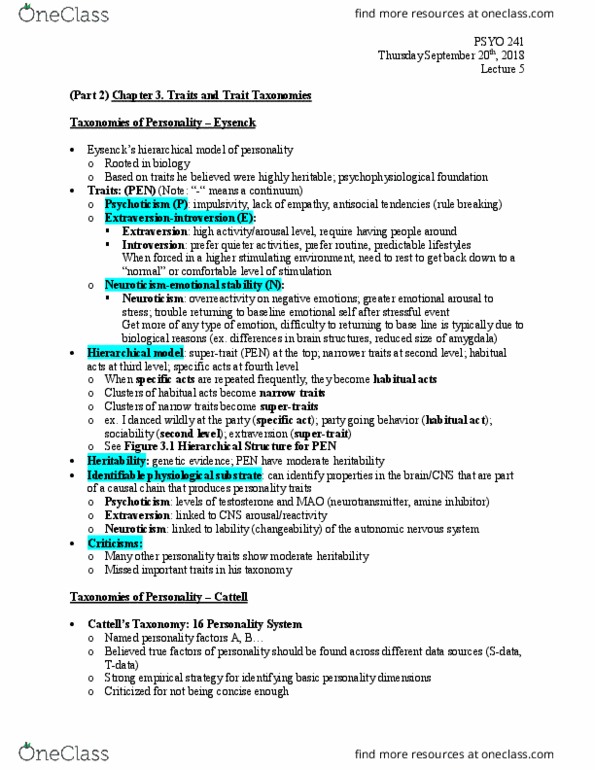 PSYO 241 Lecture Notes - Lecture 5: Hierarchical Database Model, Psychoticism, Autonomic Nervous System thumbnail