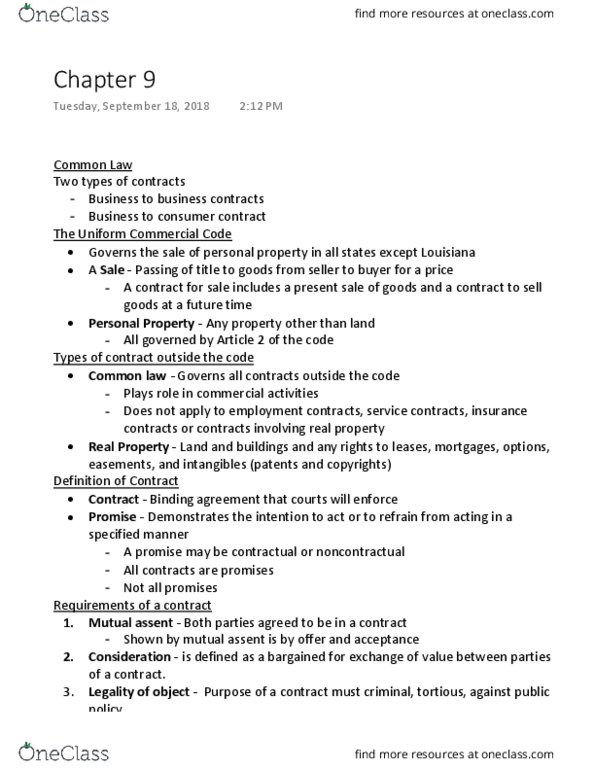 BSL 212 Chapter Notes - Chapter 9: Uniform Commercial Code, Meeting Of The Minds, Quasi-Contract thumbnail