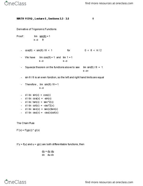 MATH 1131Q Lecture Notes - Lecture 5: Squeeze Theorem, Implicit Function cover image