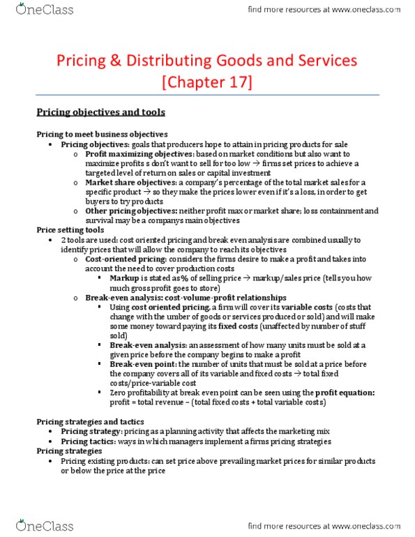 RSM100Y1 Chapter Notes - Chapter 17: Direct Market, Pricing Strategies, Price Skimming thumbnail