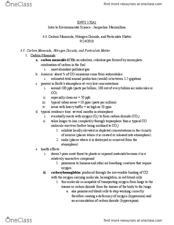 ENVS 170A1 Chapter Notes - Chapter Unit 4: Nitrogen Dioxide, Carboxyhemoglobin, Hypercapnia thumbnail