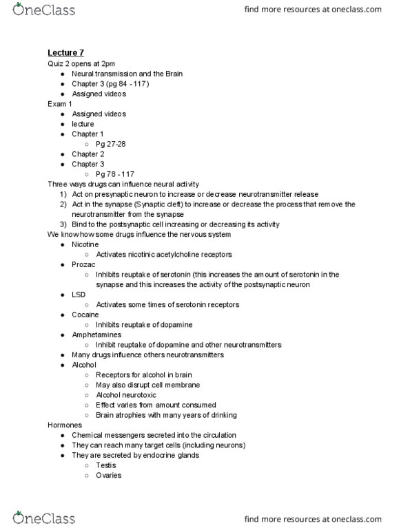 PSYO 1011 Lecture Notes - Lecture 7: Reuptake, Fluoxetine, Peripheral Nervous System thumbnail