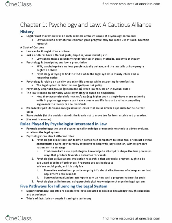 PSY328H1 Chapter Notes - Chapter 1: Precedent, Forensic Psychology, Falsifiability thumbnail