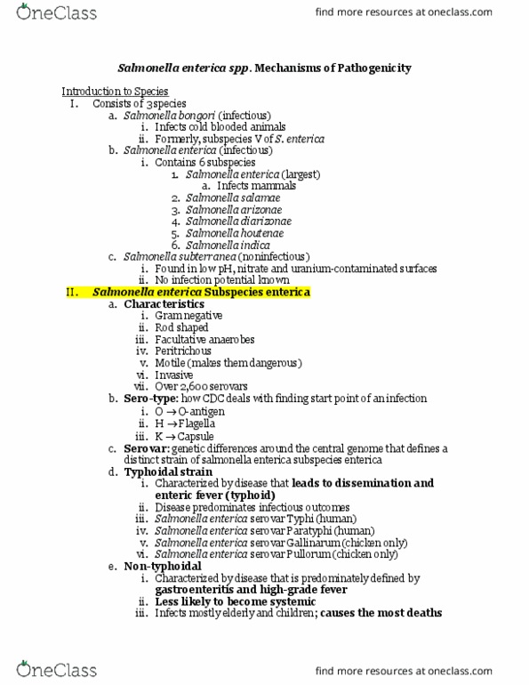 BIO207 Lecture Notes - Lecture 11: Salmonella Enterica, Serotype, Facultative Anaerobic Organism thumbnail
