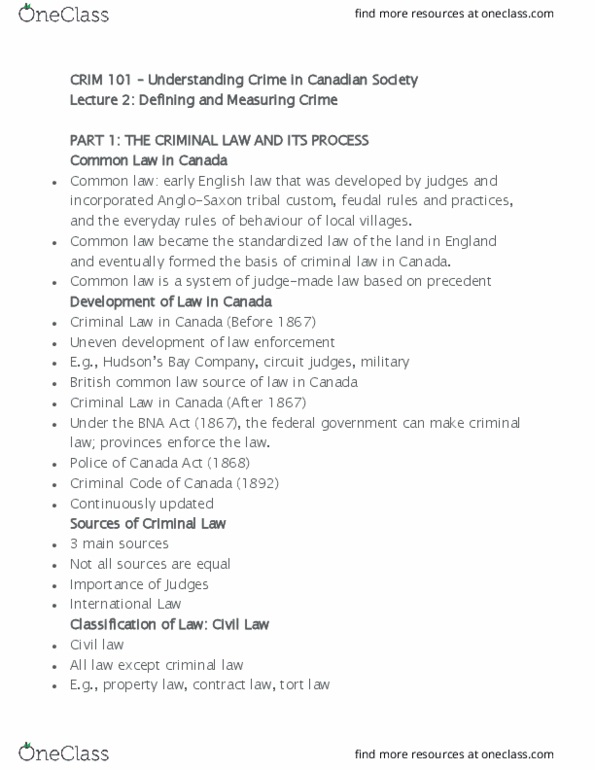 CRM 101 Lecture Notes - Lecture 1: Canada Act 1982, Uniform Crime Reports, Mens Rea thumbnail