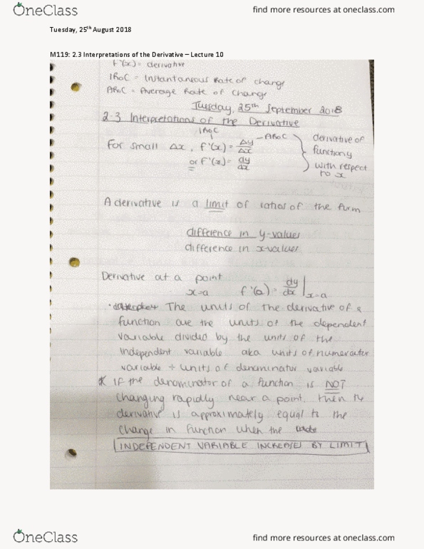 MATH-M 119 Lecture 10: MATH-M119 - Lecture 10 - 2.3 Interpretations of the Derivative and 2.4 Relative Rate of Change cover image