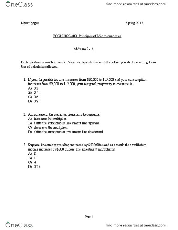 ECON 2020 Study Guide - Fall 2018, Midterm - Autarky, Aggregate Demand ...