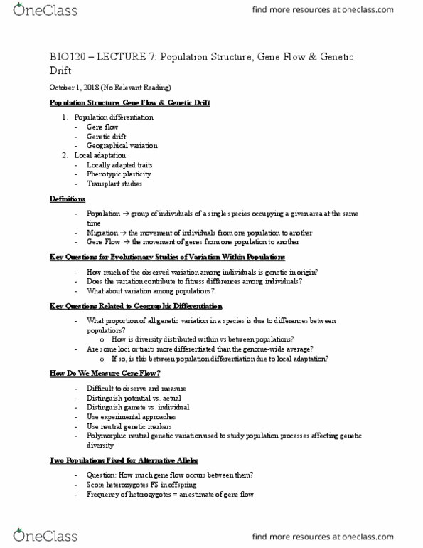 BIO120H1 Lecture Notes - Lecture 7: Genetic Drift, Phenotypic Plasticity, Gene Flow cover image