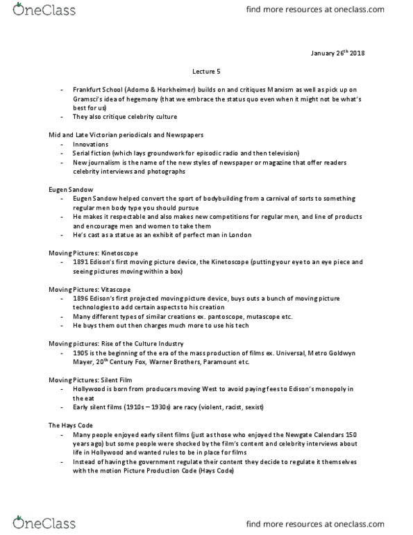 CMN2160 Lecture Notes - Lecture 5: Motion Picture Production Code, Eugen Sandow, Kinetoscope thumbnail