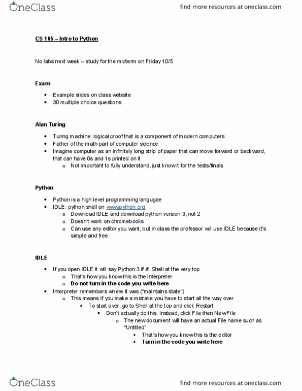 CS 105 Lecture Notes - Lecture 5: Turing Machine, Scantron Corporation cover image