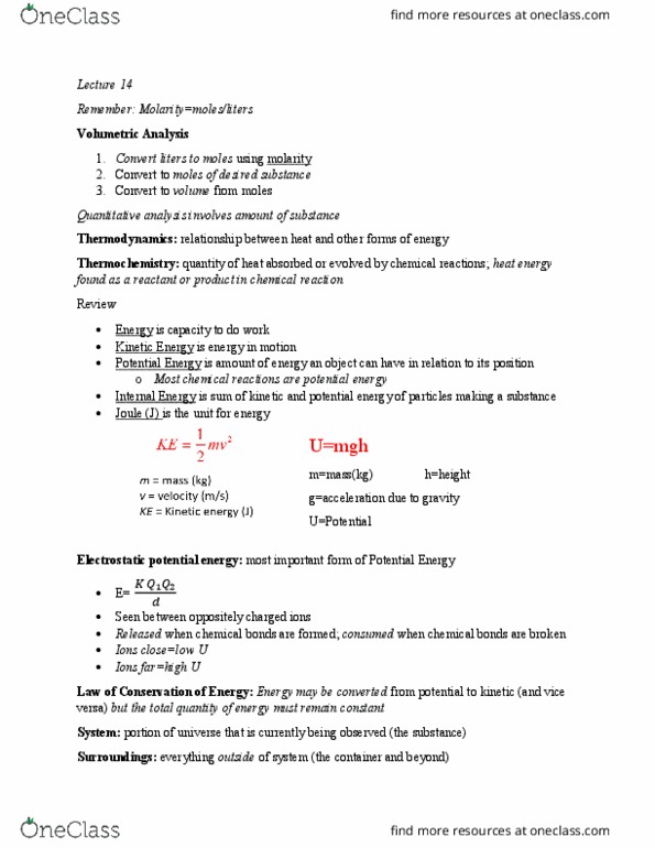 CHE 106 Lecture Notes - Lecture 16: Electric Potential, Internal Energy, Thermodynamics thumbnail