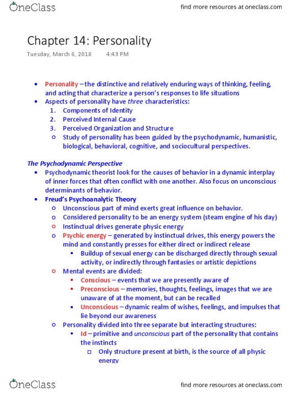 Psychology 1000 Lecture Notes - Lecture 14: Erik Erikson, Psychosexual Development, Electra Complex thumbnail