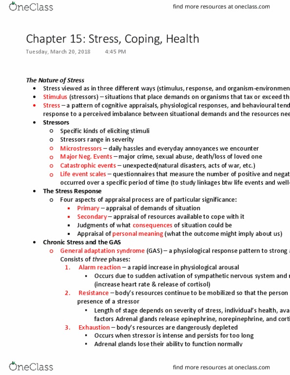 Psychology 1000 Lecture Notes - Lecture 15: Posttraumatic Stress Disorder, Adrenal Gland, Sympathetic Nervous System thumbnail