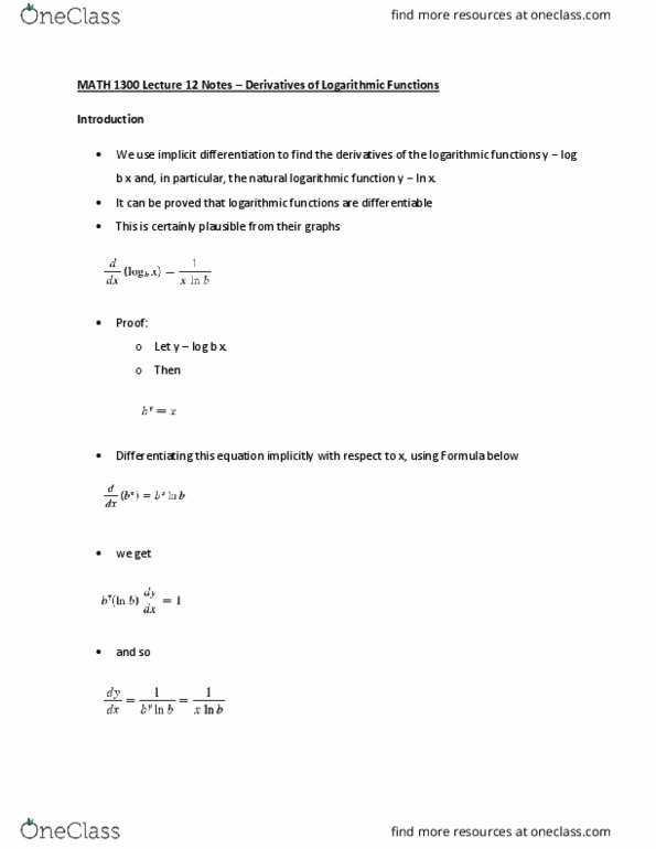 MATH 1300 Lecture 12: MATH 1300 Lecture 12 Notes – Derivatives of Logarithmic Functions cover image