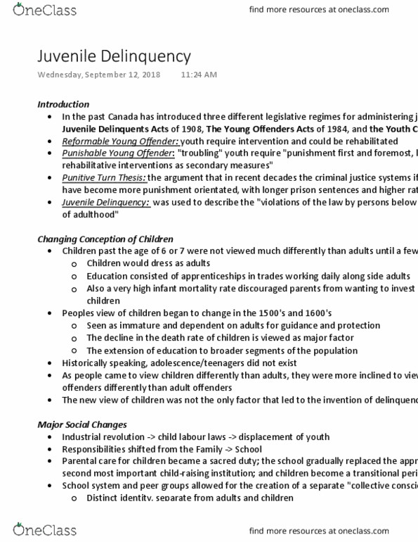 Sociology 2267A/B Lecture Notes - Lecture 99: Youth Criminal Justice Act, Juvenile Delinquency, The Young Offenders thumbnail