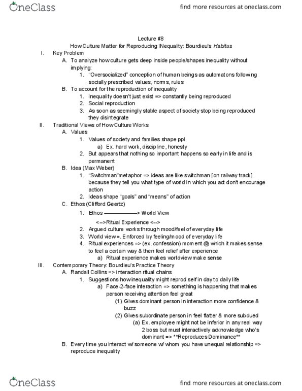 SOCIOL 1 Lecture Notes - Lecture 8: Randall Collins, Pierre Bourdieu, Clifford Geertz thumbnail