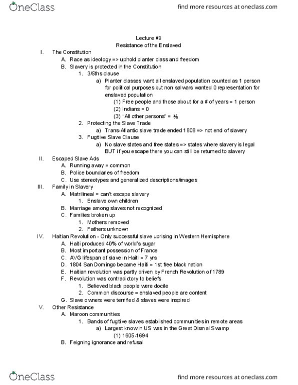 AFRICAM 27AC Lecture Notes - Lecture 9: Great Dismal Swamp, Fugitive Slave Clause, Haitian Revolution thumbnail