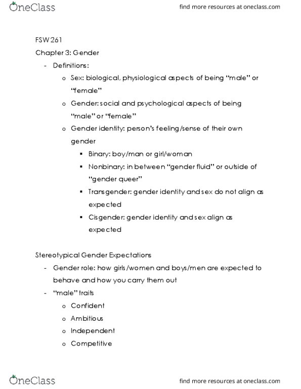 FSW 261 Lecture Notes - Lecture 3: Genderqueer, Cisgender, Gender Identity thumbnail