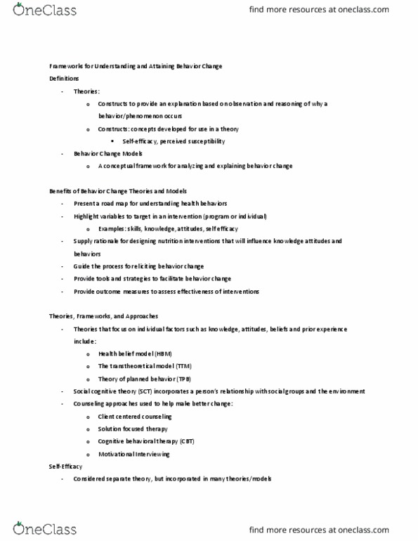 KNH 403 Lecture Notes - Lecture 2: Health Belief Model, Cognitive Behavioral Therapy, Social Cognitive Theory thumbnail