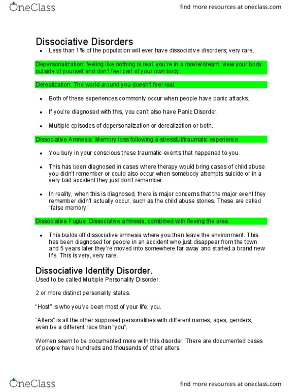 PSYC-105 Lecture Notes - Lecture 16: Psychogenic Amnesia, Dissociative Identity Disorder, Fugue State thumbnail