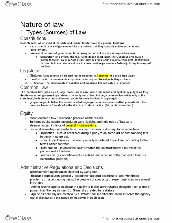 BMGT 380 Lecture Notes - Lecture 1: Rescission, Specific Performance, Procedural Law thumbnail