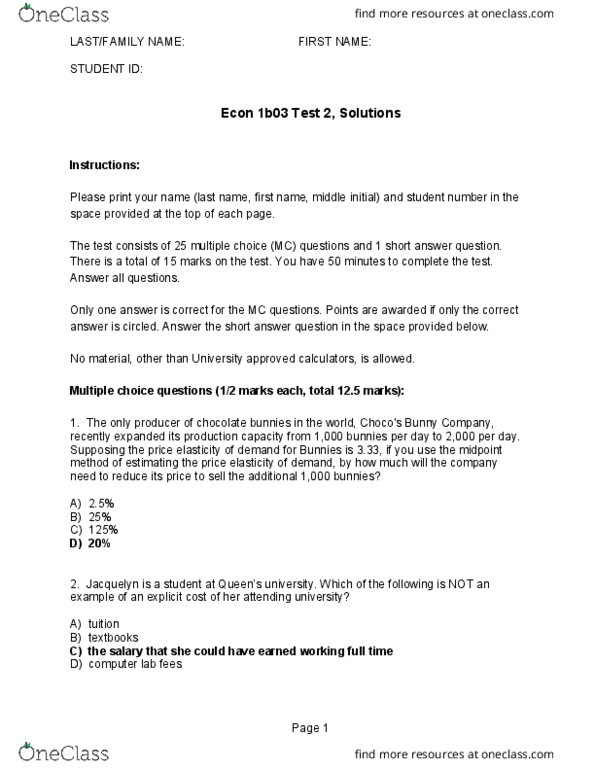 ECON 1B03 Study Guide - Fall 2018, Midterm - Midpoint Method, Demand ...