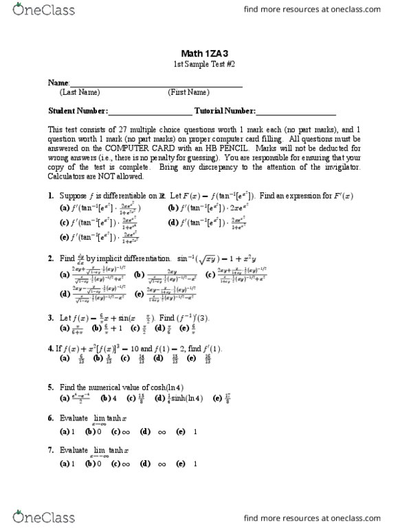 Math 1za3 Study Guide Fall 18 Midterm Pencil Implicit Function Prope