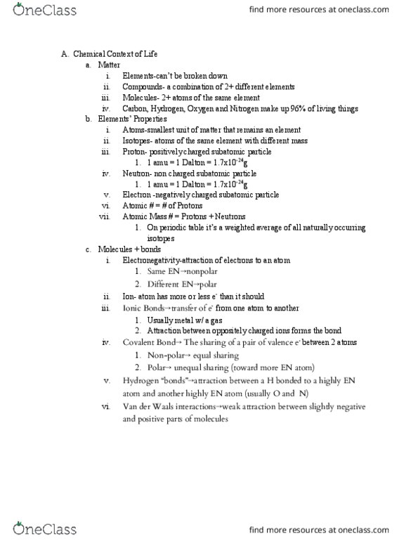 BIO 202 Lecture Notes - Lecture 1: Subatomic Particle, Unified Atomic Mass Unit, Weighted Arithmetic Mean thumbnail