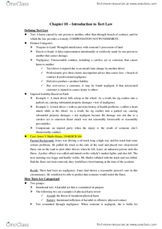 Management and Organizational Studies 2275A/B Chapter Notes - Chapter 10: Assault, Intentional Tort, Professional Negligence In English Law thumbnail
