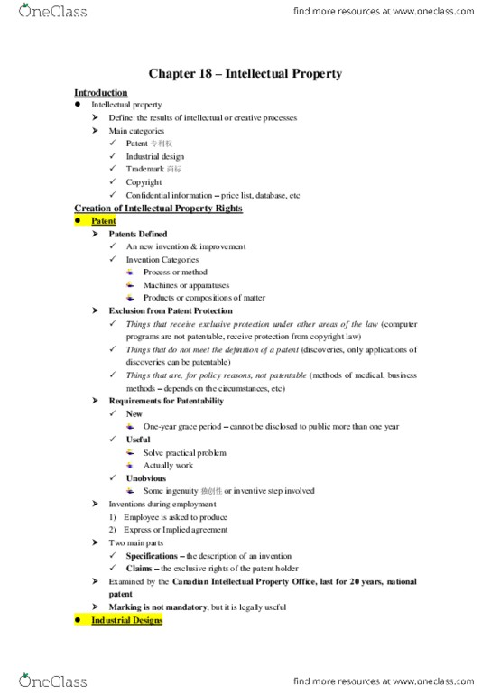 Management and Organizational Studies 2275A/B Chapter Notes - Chapter 18: Canadian Intellectual Property Office, Industrial Design, Software thumbnail