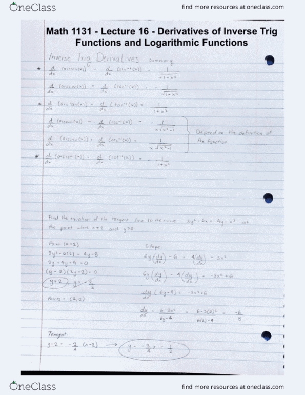 MATH 1131Q Lecture 16: Math 1131 - Lecture 16 - Derivatives of Inverse Trig Functions and Derivatives of Logarithmic Functions cover image