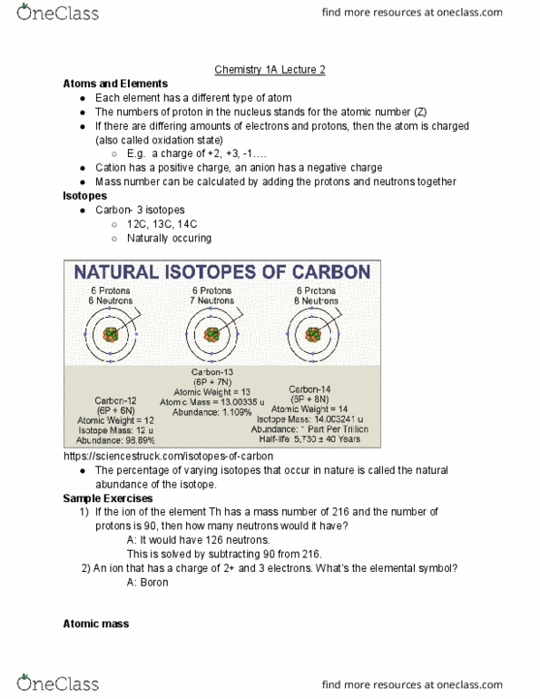 CHEM 1A Lecture Notes - Lecture 2: Natural Abundance, Atomic Mass, Mass Number thumbnail