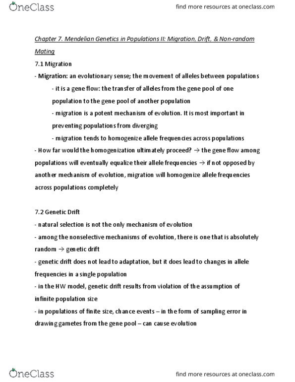 BIOL359 Chapter Notes - Chapter 7: Genetic Drift, Mendelian Inheritance, Zygosity thumbnail