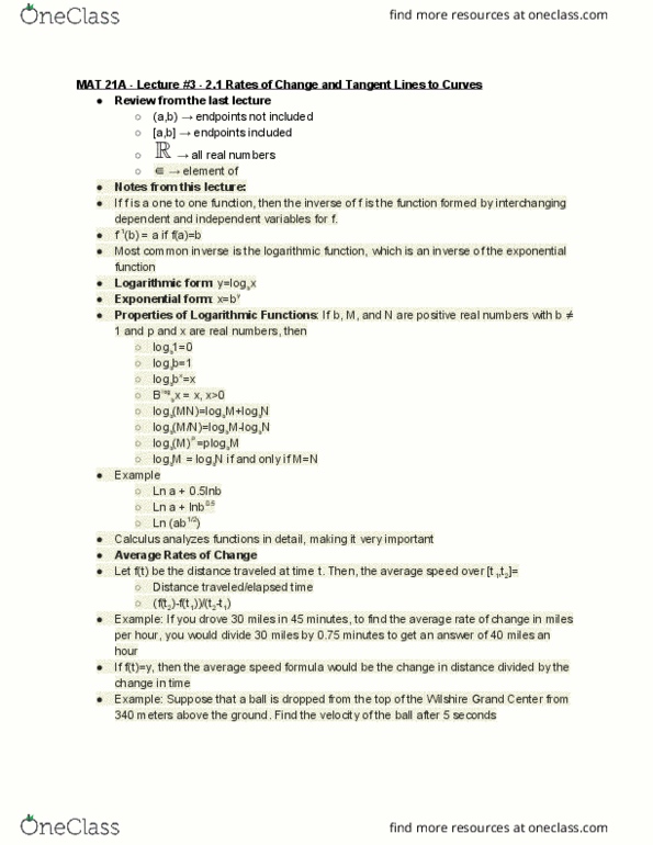 MAT 21A Lecture Notes - Lecture 3: Wilshire Grand Center, Logarithmic Form, Logarithm cover image