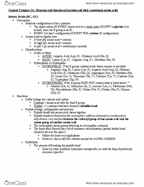 BIS 105 Lecture Notes - Lecture 1: Amide, Glutamic Acid, Disulfide thumbnail