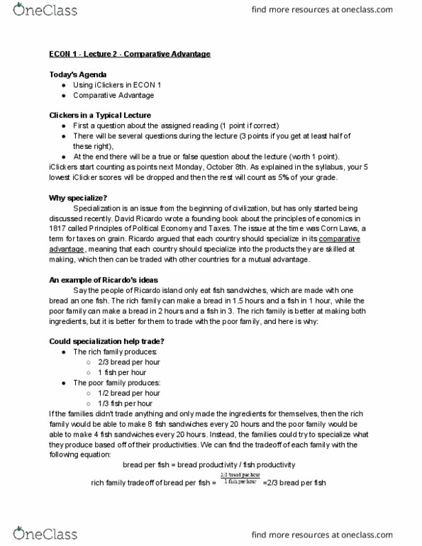 ECON 1 Lecture Notes - Lecture 2: Comparative Advantage, Corn Laws, Absolute Advantage cover image