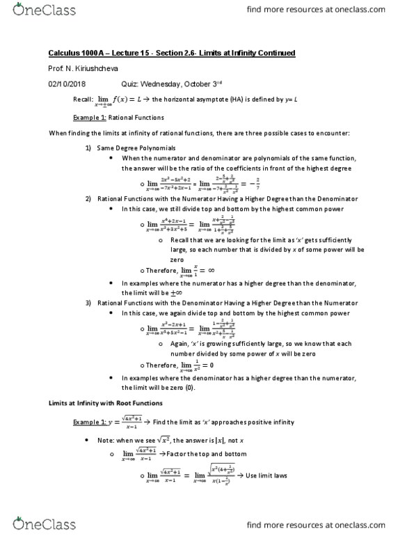 Calculus 1000A/B Lecture Notes - Lecture 15: Asymptote thumbnail