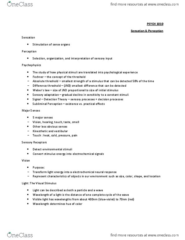 PSYC 1010 Lecture Notes - Optic Chiasm, Trichromacy, Complementary Colors thumbnail