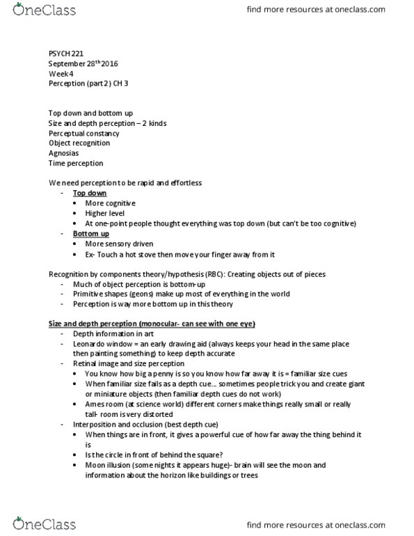 PSYC 221 Lecture Notes - Lecture 4: Moon Illusion, Subjective Constancy, Depth Perception thumbnail